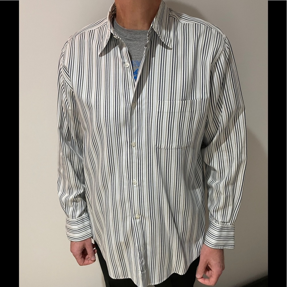 Tasso Elba Blue and Brown Striped Button Down